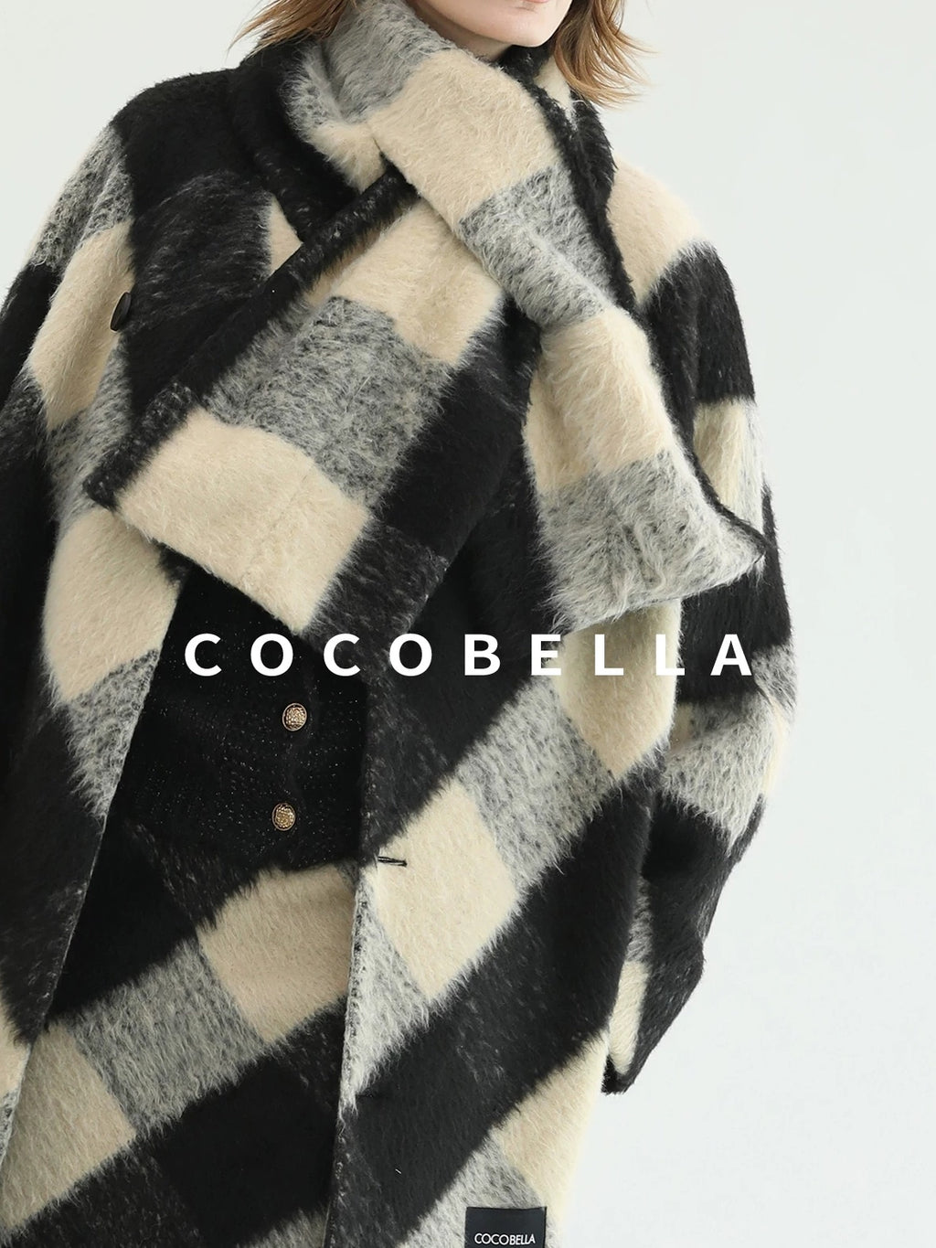 COCOBELLA British Plaid Single Breasted Straight Midlength Office Polyester Coats