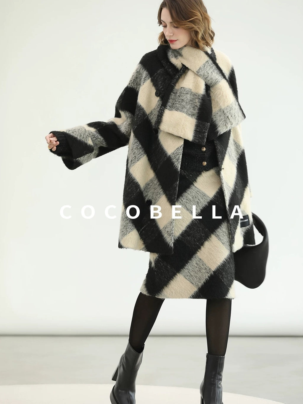 COCOBELLA British Plaid Single Breasted Straight Midlength Office Polyester Coats