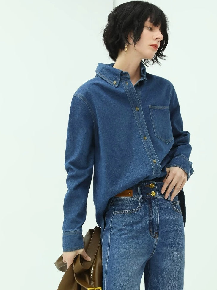 COCOBELLA Brushed Long Sleeve Vintage Button Pocket Straight Fit Women Workwear Shirts