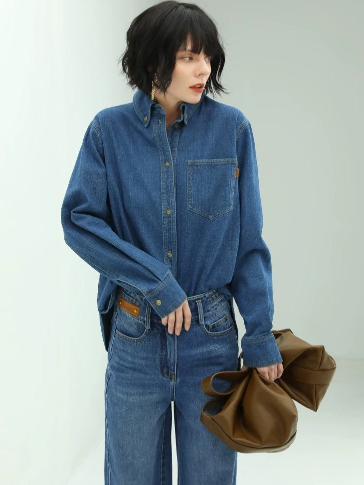 COCOBELLA Brushed Long Sleeve Vintage Button Pocket Straight Fit Women Workwear Shirts