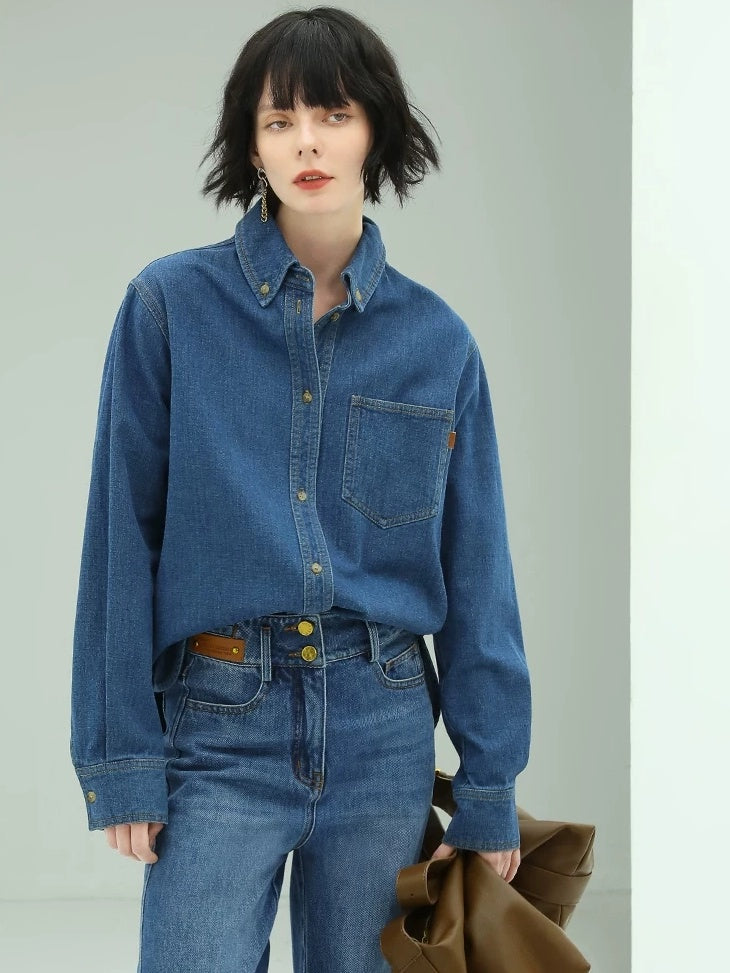 COCOBELLA Brushed Long Sleeve Vintage Button Pocket Straight Fit Women Workwear Shirts