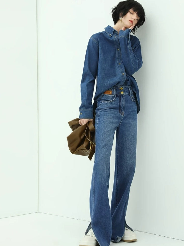 COCOBELLA Brushed Long Sleeve Vintage Button Pocket Straight Fit Women Workwear Shirts