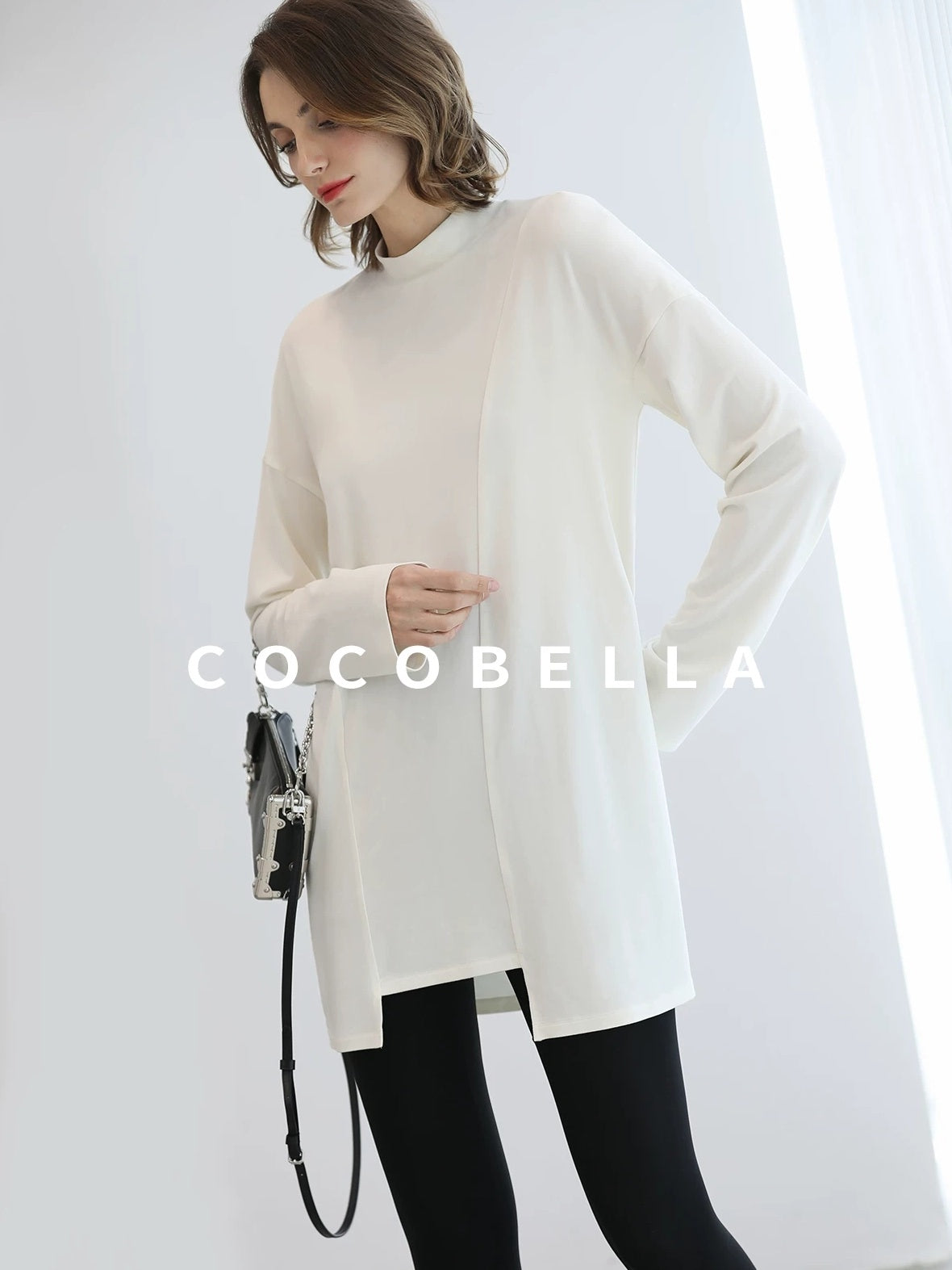 COCOBELLA Brushed Viscose Anti Static Minimalist Loose High Neck Women Long Sleeve T-Shirts