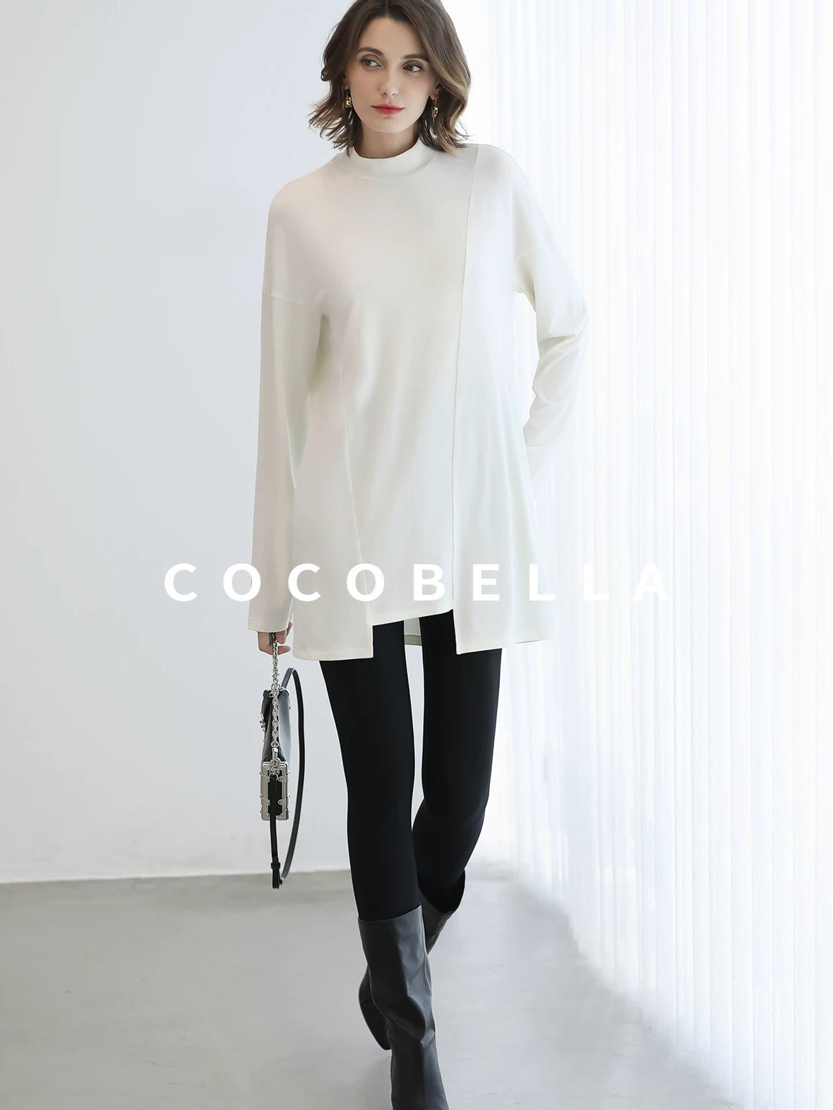 COCOBELLA Brushed Viscose Anti Static Minimalist Loose High Neck Women Long Sleeve T-Shirts