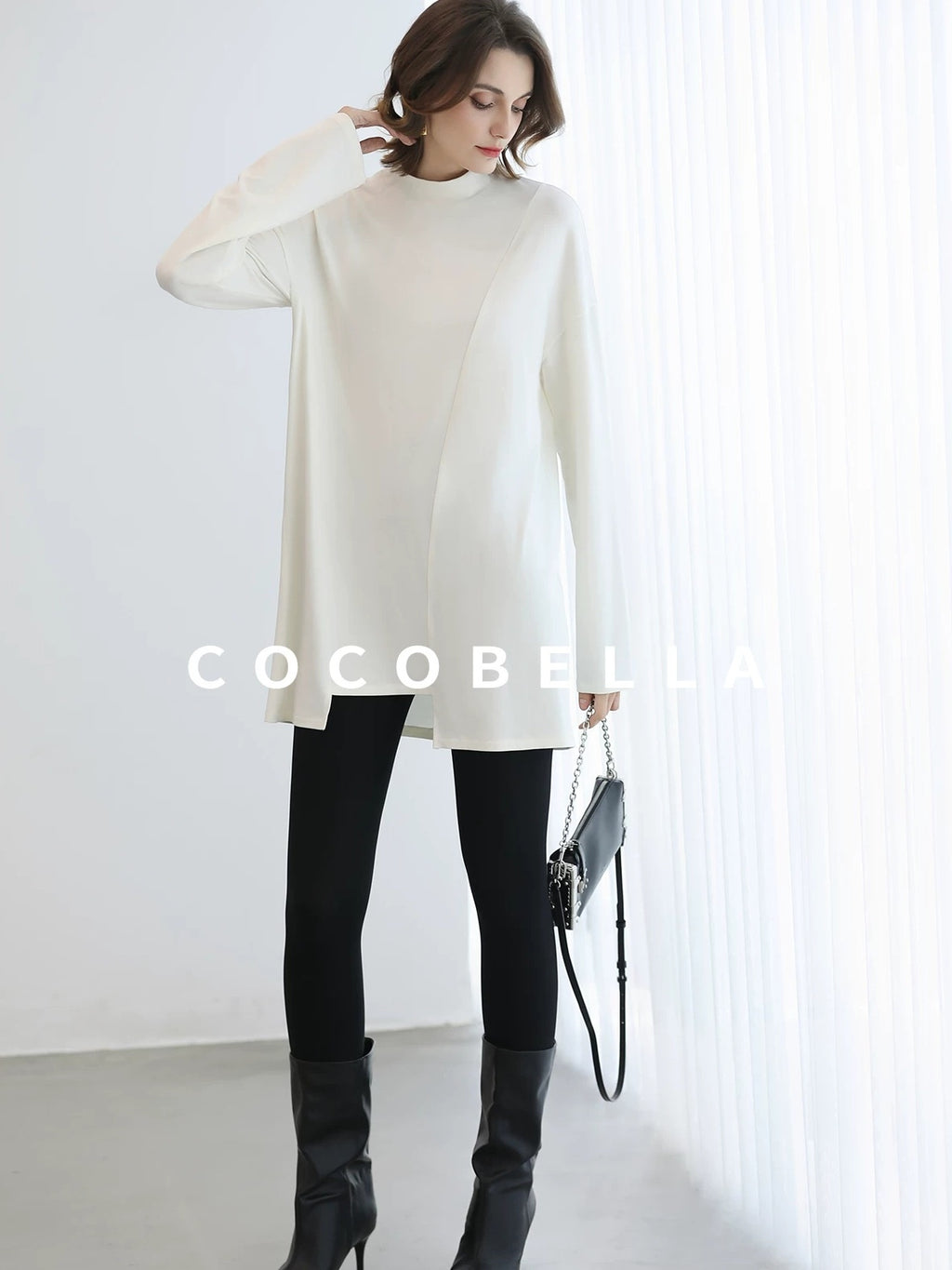 COCOBELLA Brushed Viscose Anti Static Minimalist Loose High Neck Women Long Sleeve T-Shirts
