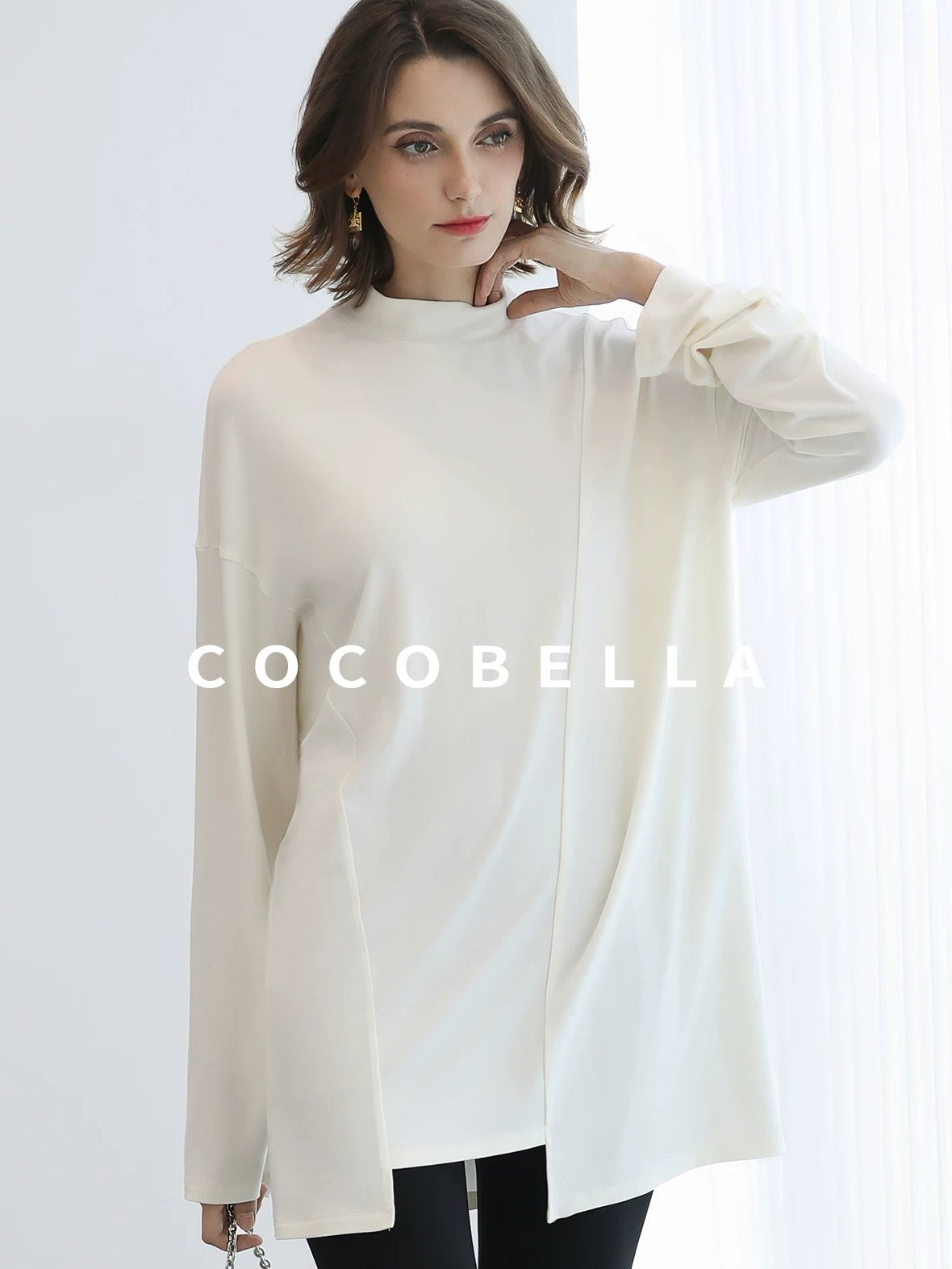 COCOBELLA Brushed Viscose Anti Static Minimalist Loose High Neck Women Long Sleeve T-Shirts