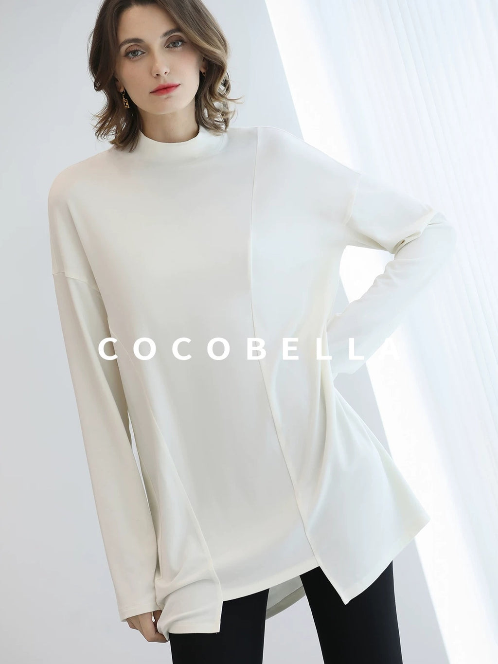 COCOBELLA Brushed Viscose Anti Static Minimalist Loose High Neck Women Long Sleeve T-Shirts