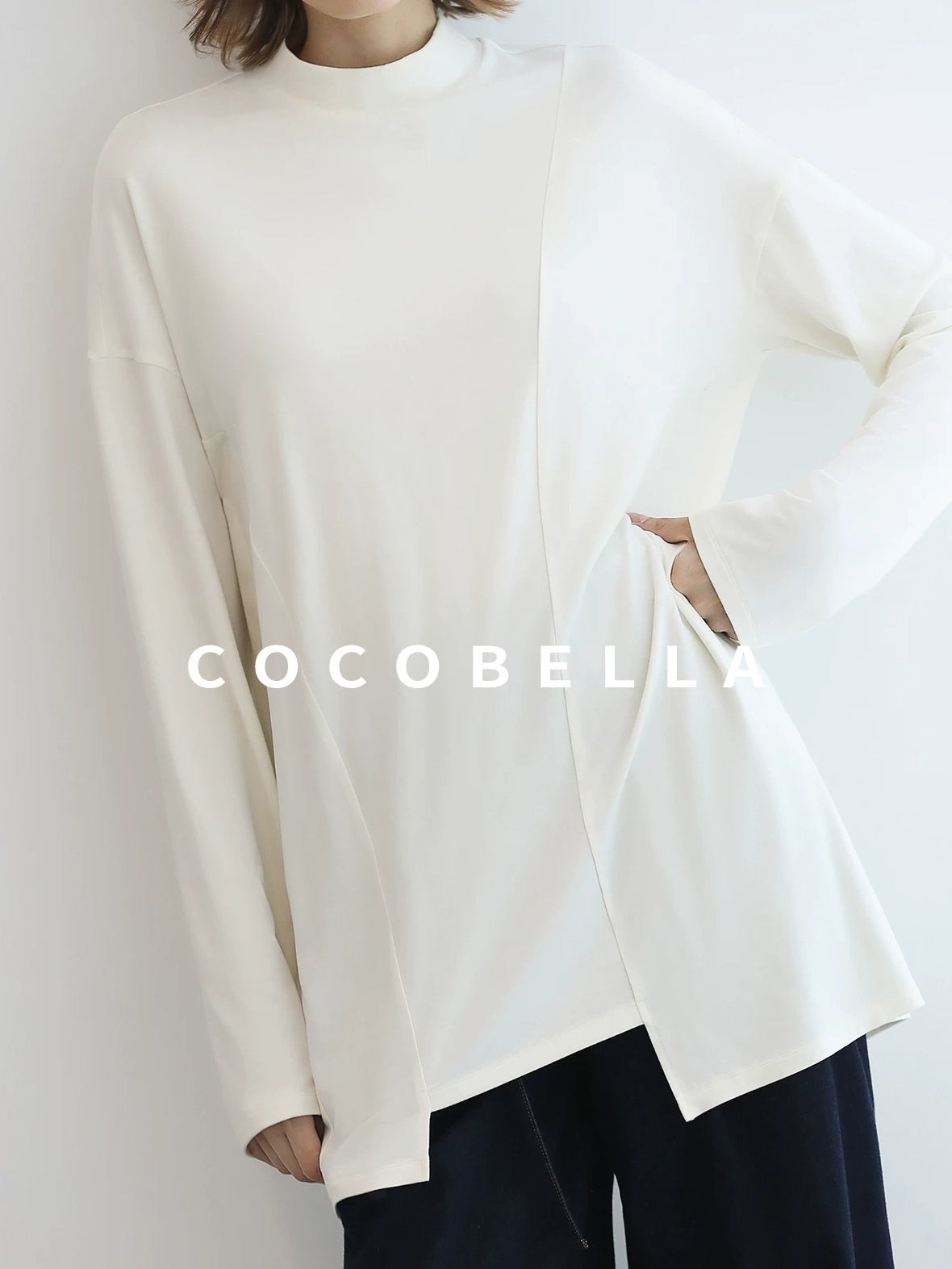COCOBELLA Brushed Viscose Anti Static Minimalist Loose High Neck Women Long Sleeve T-Shirts