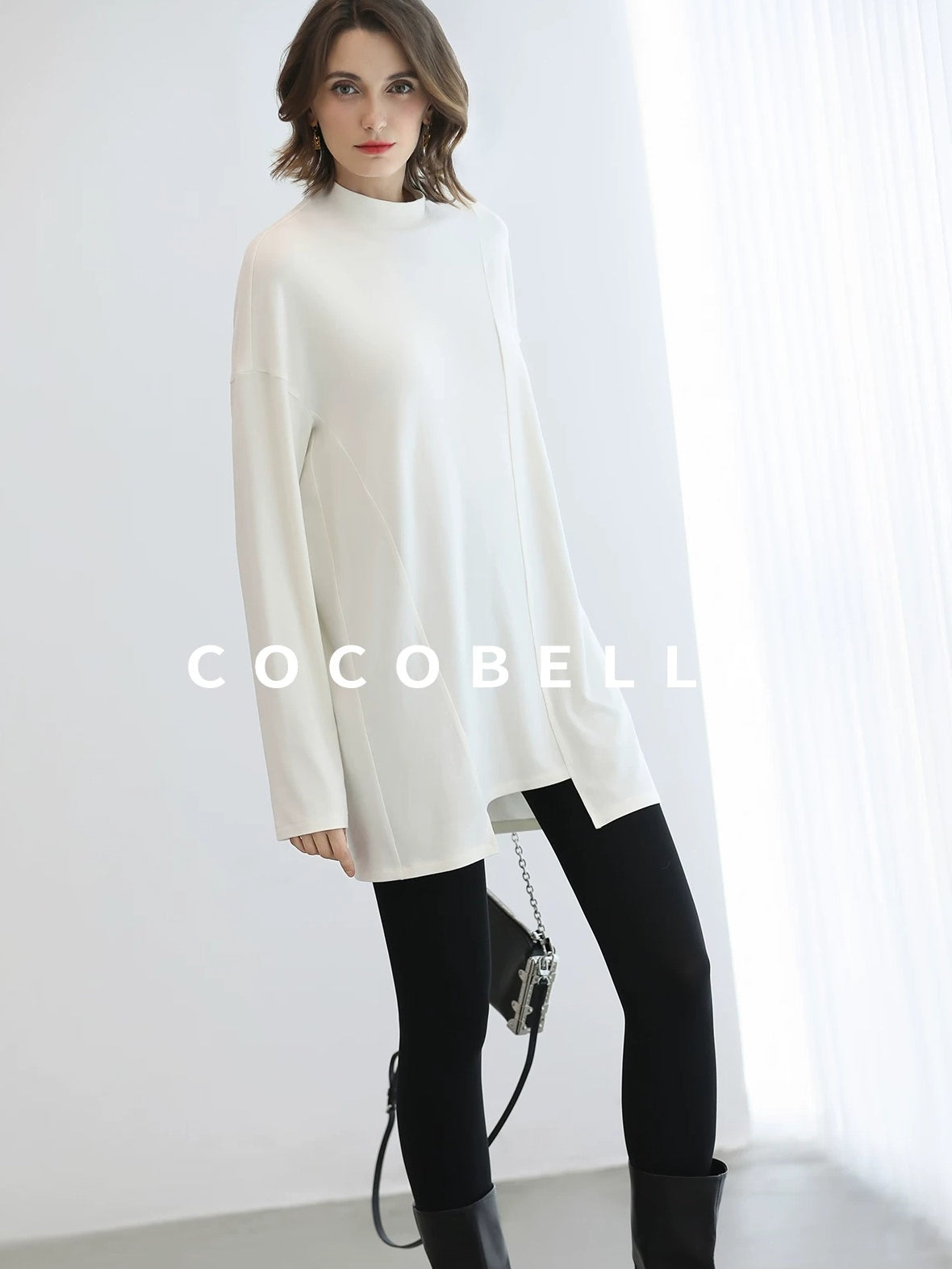 COCOBELLA Brushed Viscose Anti Static Minimalist Loose High Neck Women Long Sleeve T-Shirts
