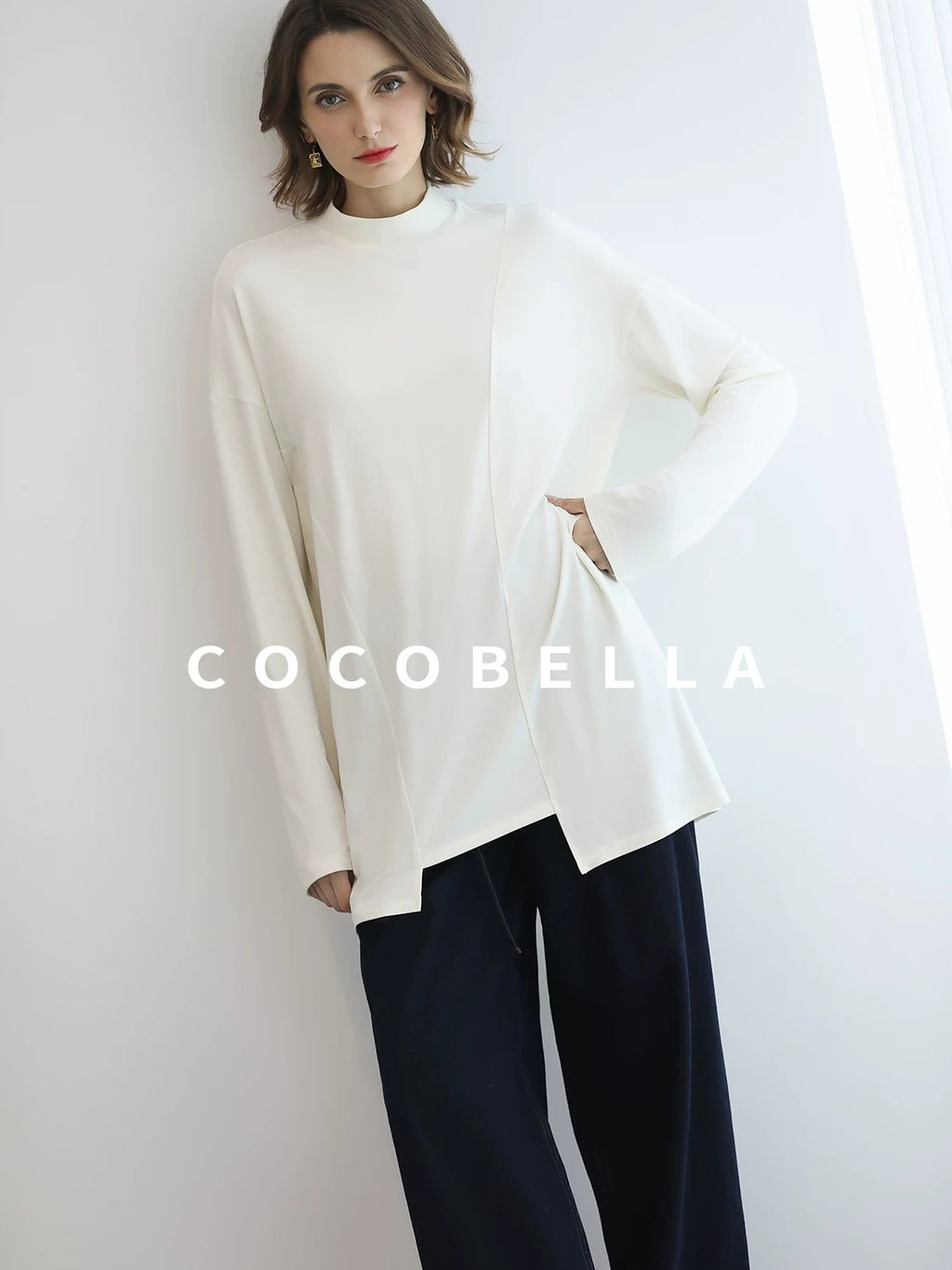 COCOBELLA Brushed Viscose Anti Static Minimalist Loose High Neck Women Long Sleeve T-Shirts