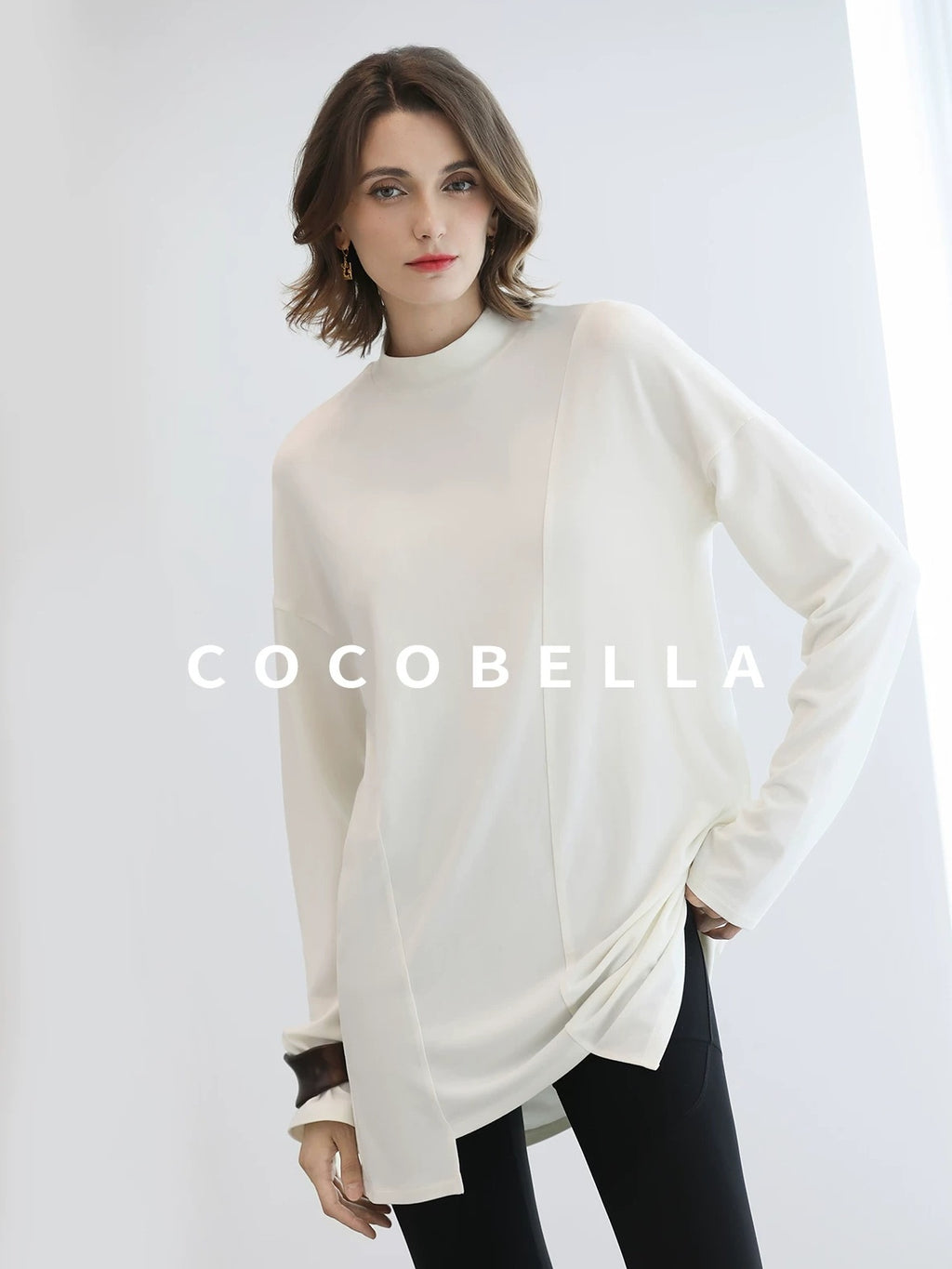 COCOBELLA Brushed Viscose Anti Static Minimalist Loose High Neck Women Long Sleeve T-Shirts