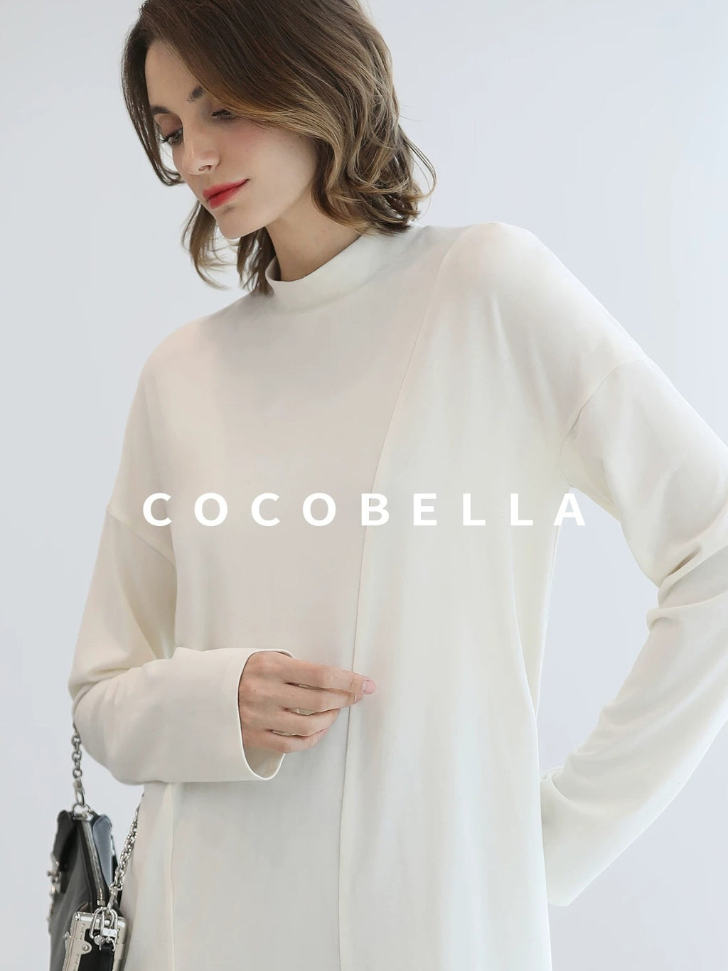COCOBELLA Brushed Viscose Anti Static Minimalist Loose High Neck Women Long Sleeve T-Shirts