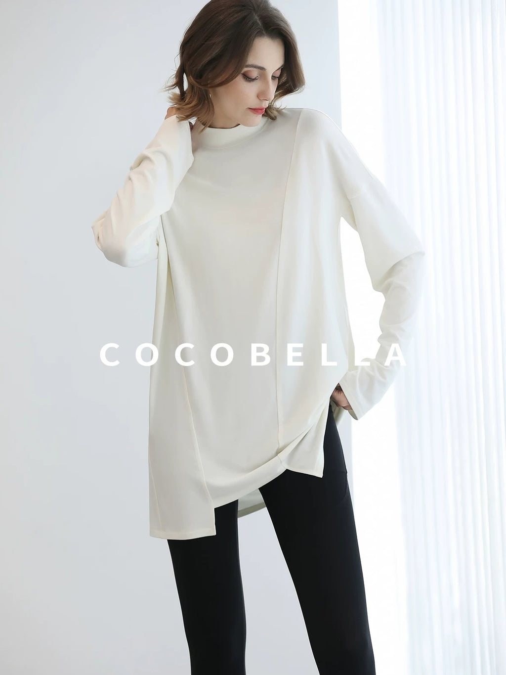 COCOBELLA Brushed Viscose Anti Static Minimalist Loose High Neck Women Long Sleeve T-Shirts