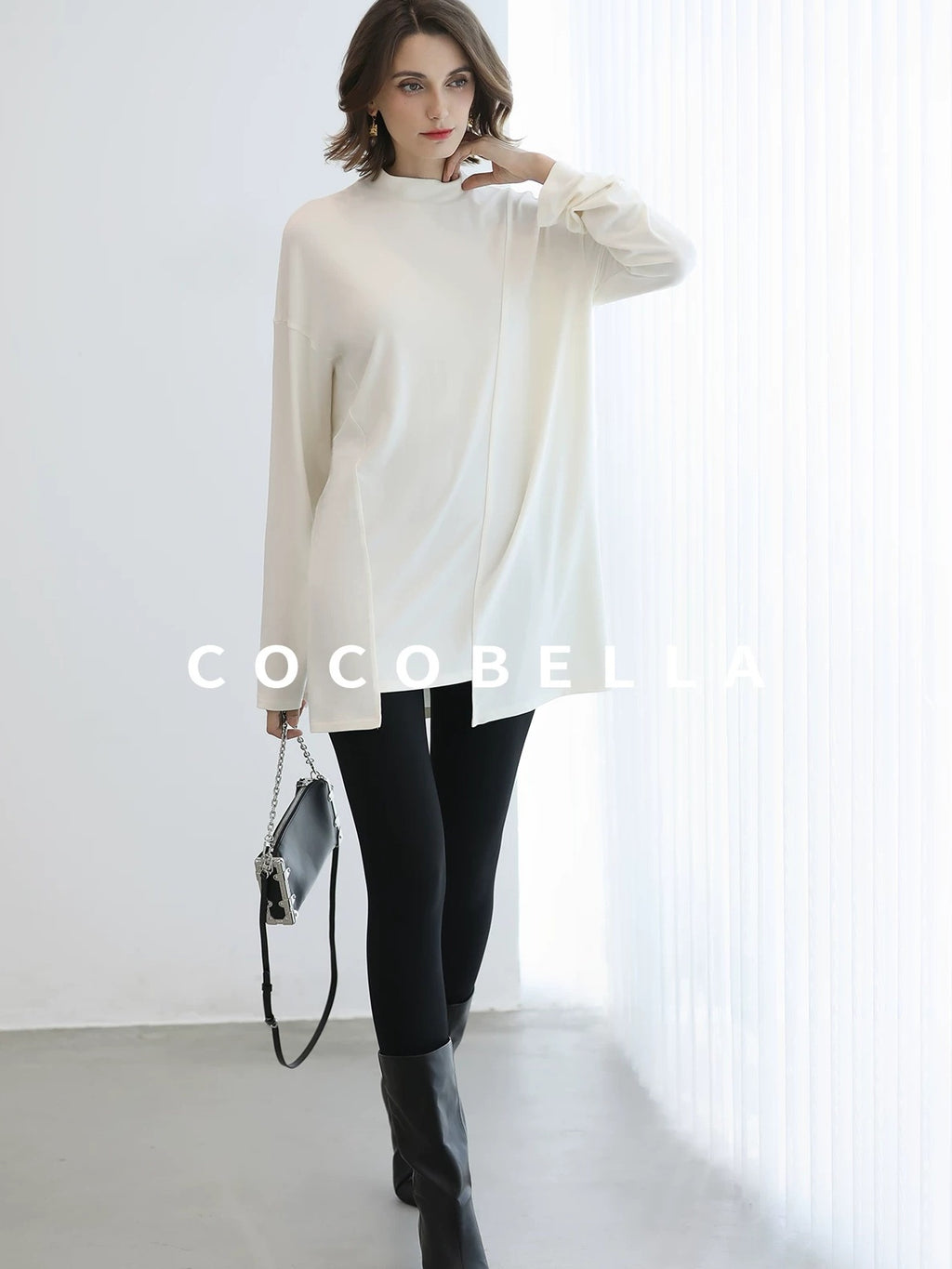 COCOBELLA Brushed Viscose Anti Static Minimalist Loose High Neck Women Long Sleeve T-Shirts