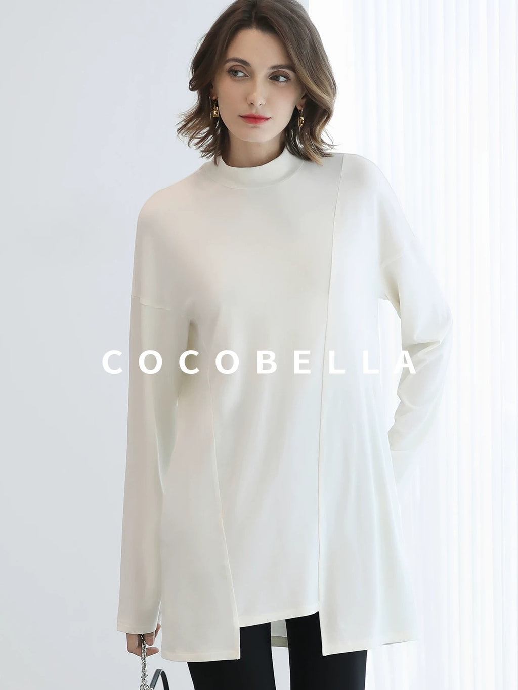 COCOBELLA Brushed Viscose Anti Static Minimalist Loose High Neck Women Long Sleeve T-Shirts