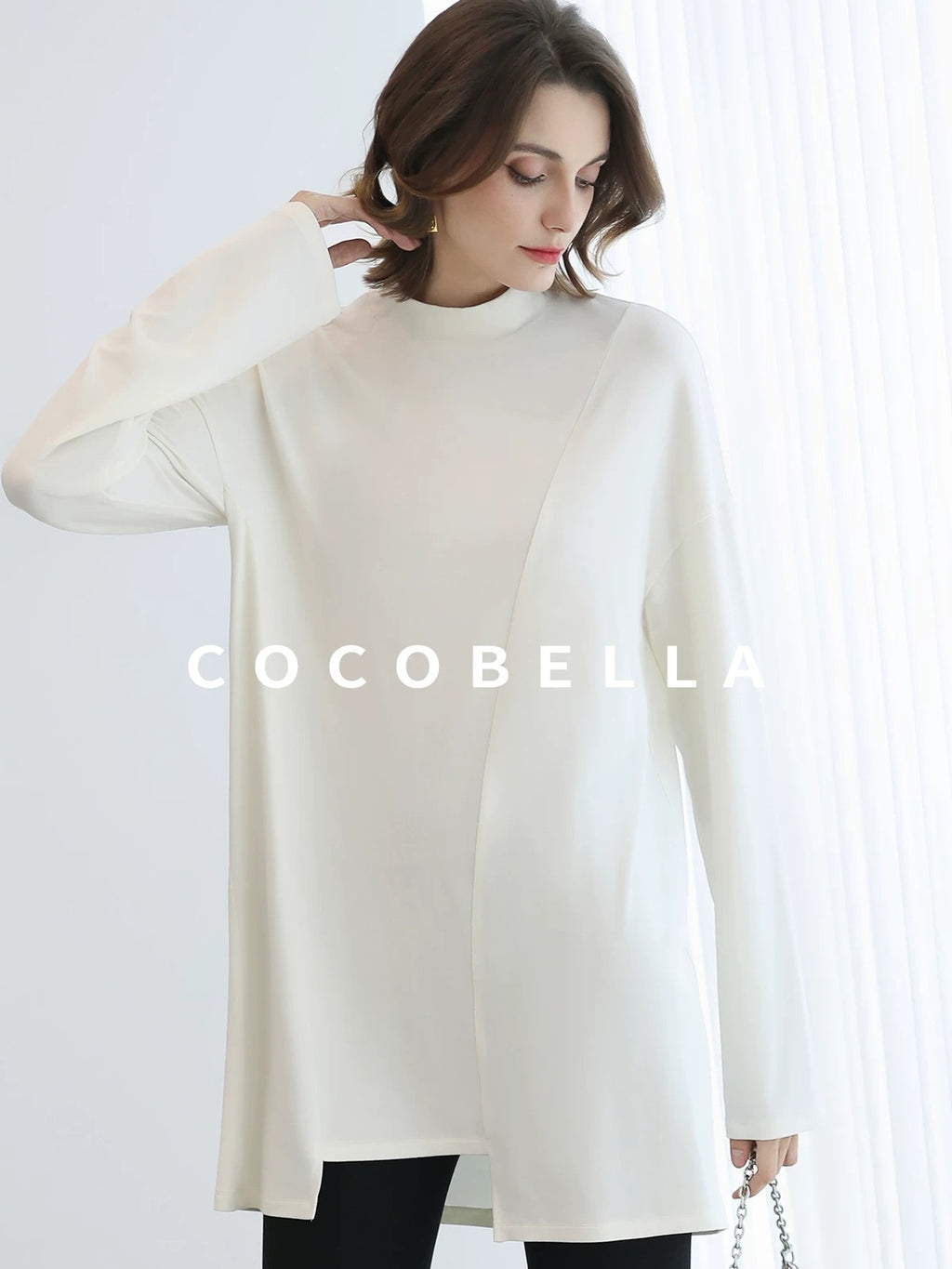 COCOBELLA Brushed Viscose Anti Static Minimalist Loose High Neck Women Long Sleeve T-Shirts