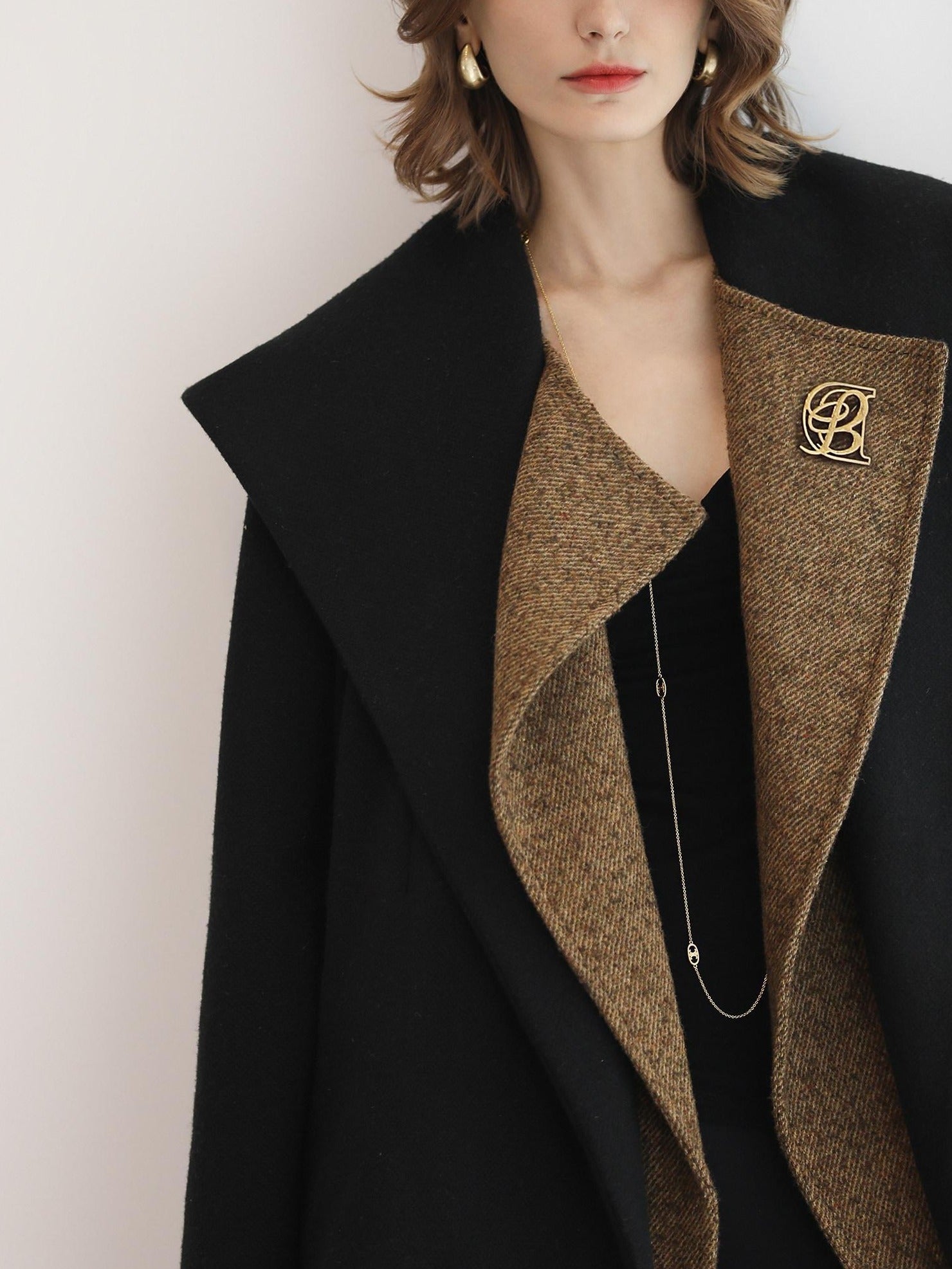 COCOBELLA Brushed Wool Blend Patchwork Straight Fit Office Hooded Coats