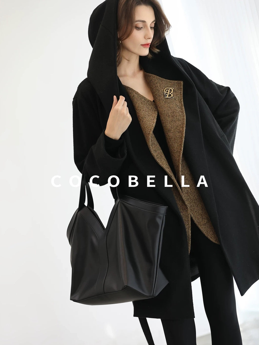COCOBELLA Brushed Wool Blend Patchwork Straight Fit Office Hooded Coats