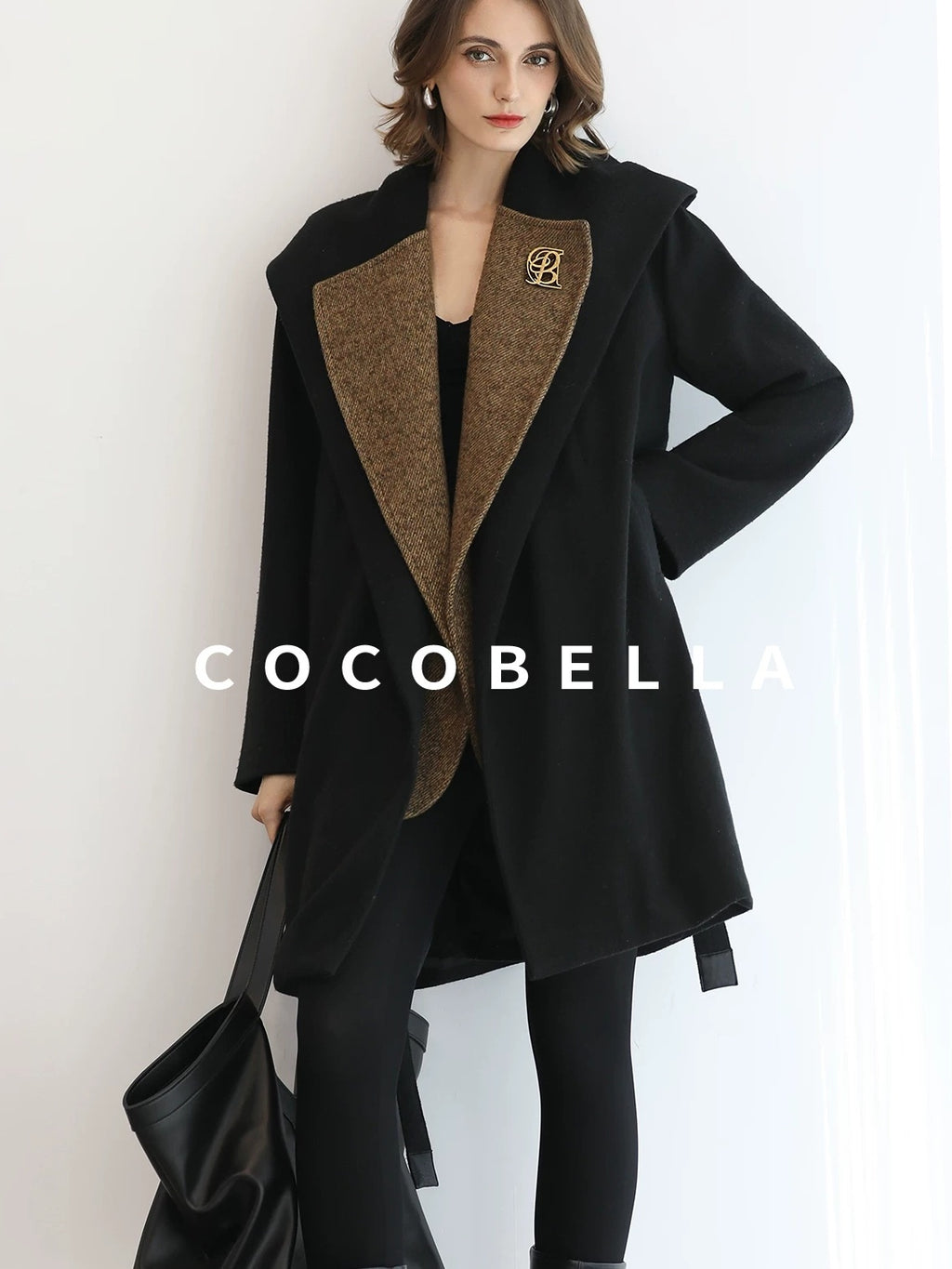 COCOBELLA Brushed Wool Blend Patchwork Straight Fit Office Hooded Coats