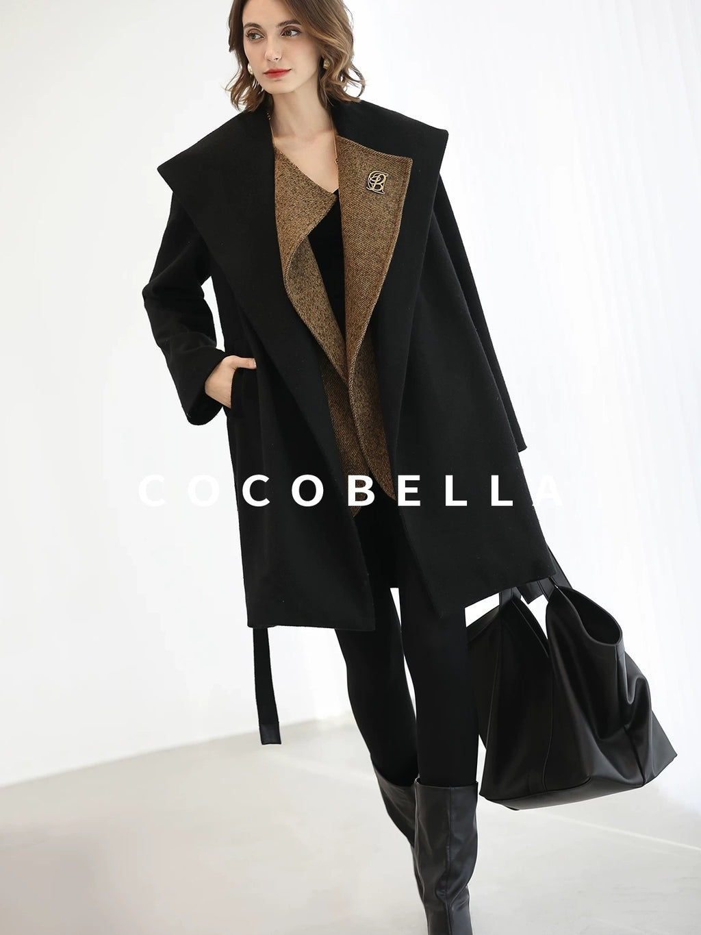 COCOBELLA Brushed Wool Blend Patchwork Straight Fit Office Hooded Coats