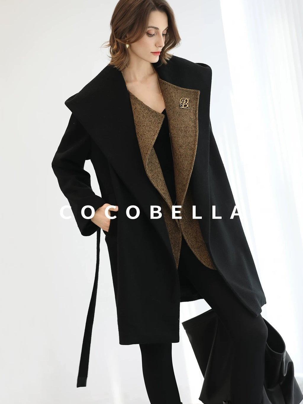 COCOBELLA Brushed Wool Blend Patchwork Straight Fit Office Hooded Coats