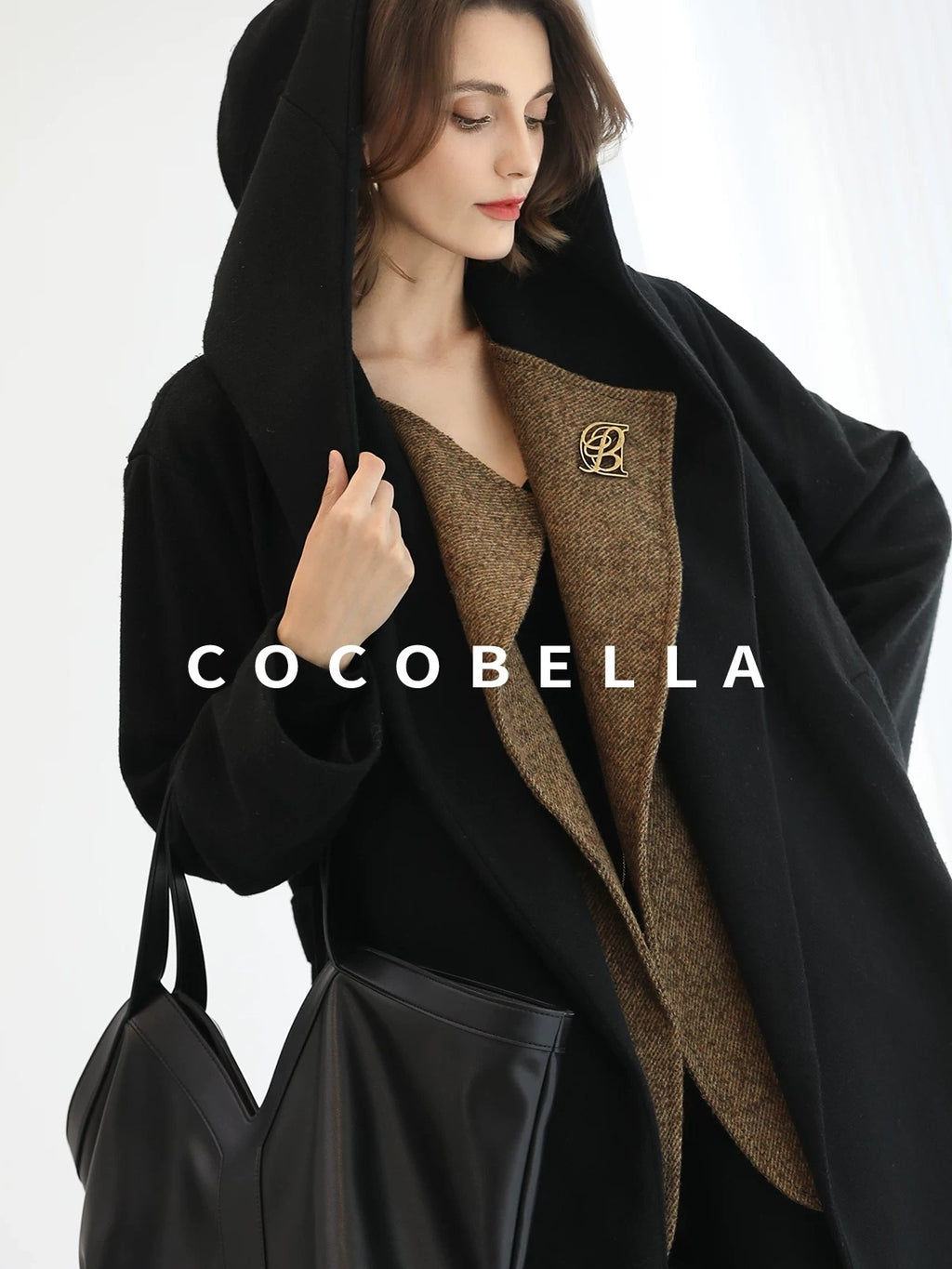COCOBELLA Brushed Wool Blend Patchwork Straight Fit Office Hooded Coats