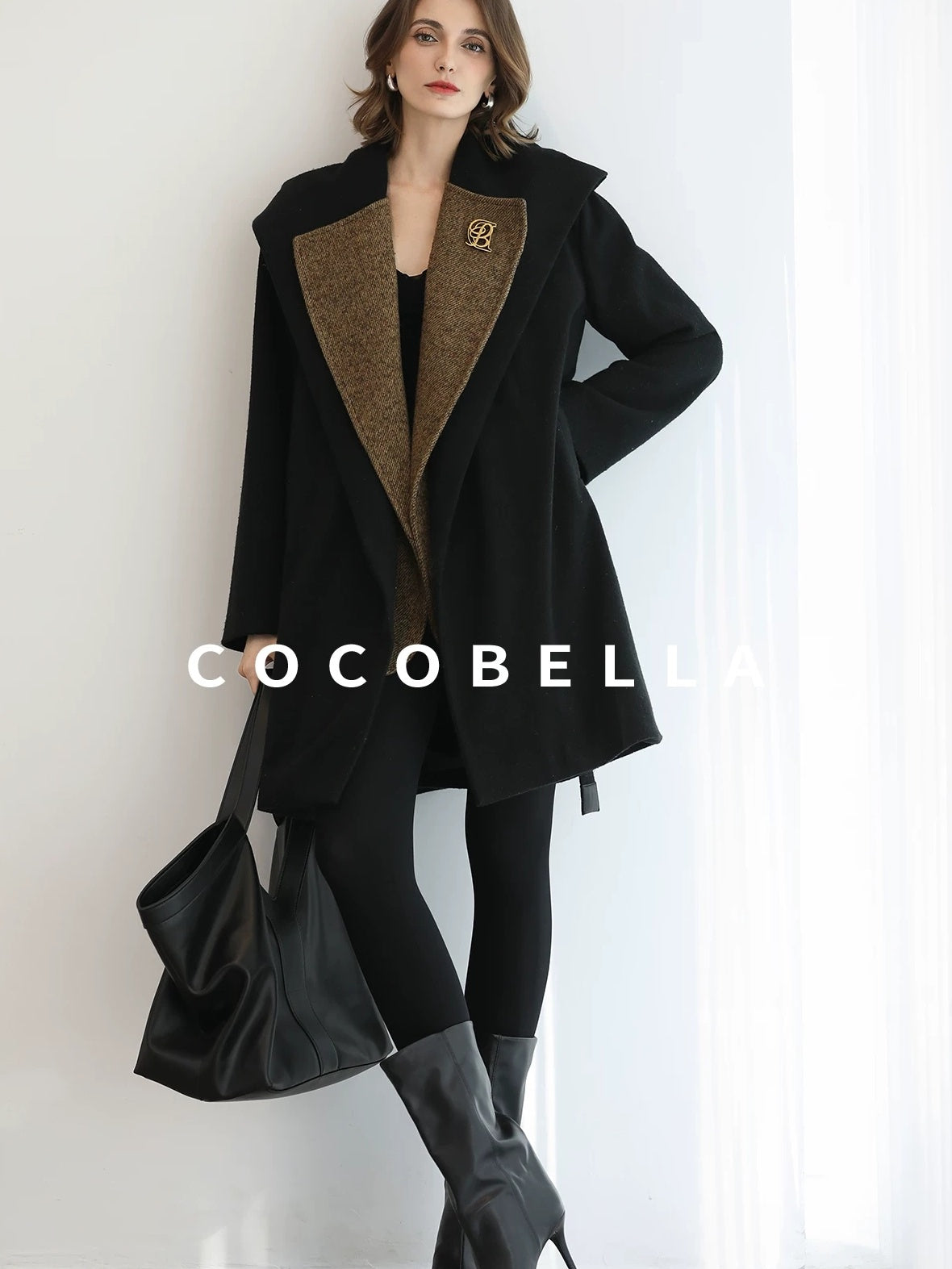 COCOBELLA Brushed Wool Blend Patchwork Straight Fit Office Hooded Coats