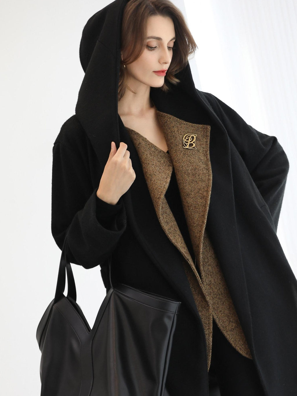 COCOBELLA Brushed Wool Blend Patchwork Straight Fit Office Hooded Coats