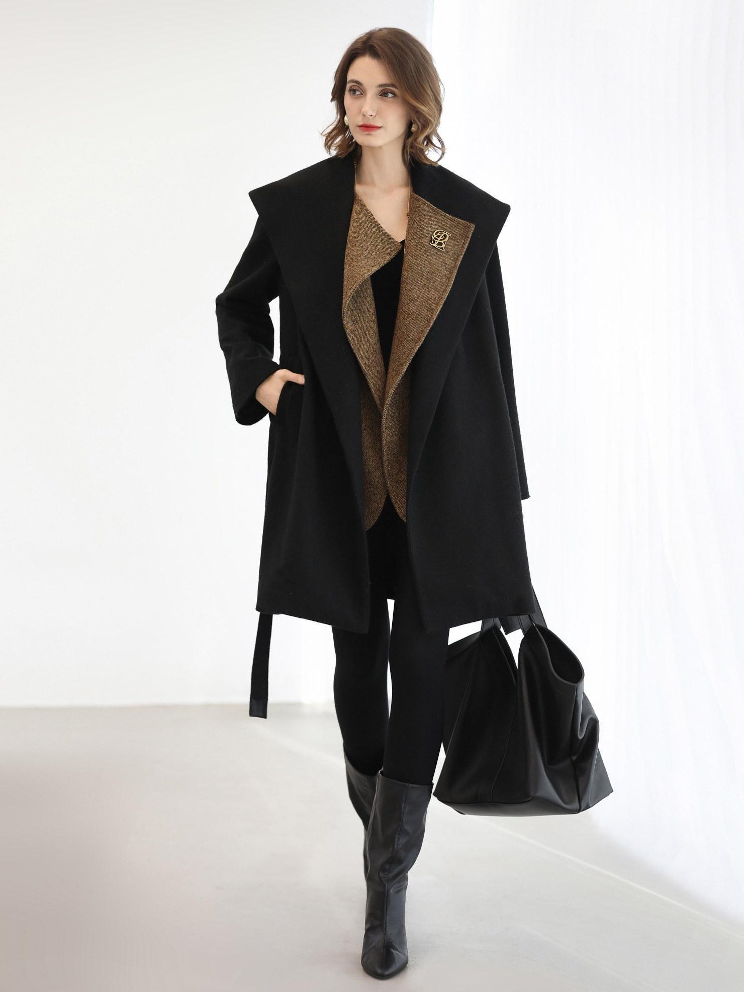 COCOBELLA Brushed Wool Blend Patchwork Straight Fit Office Hooded Coats