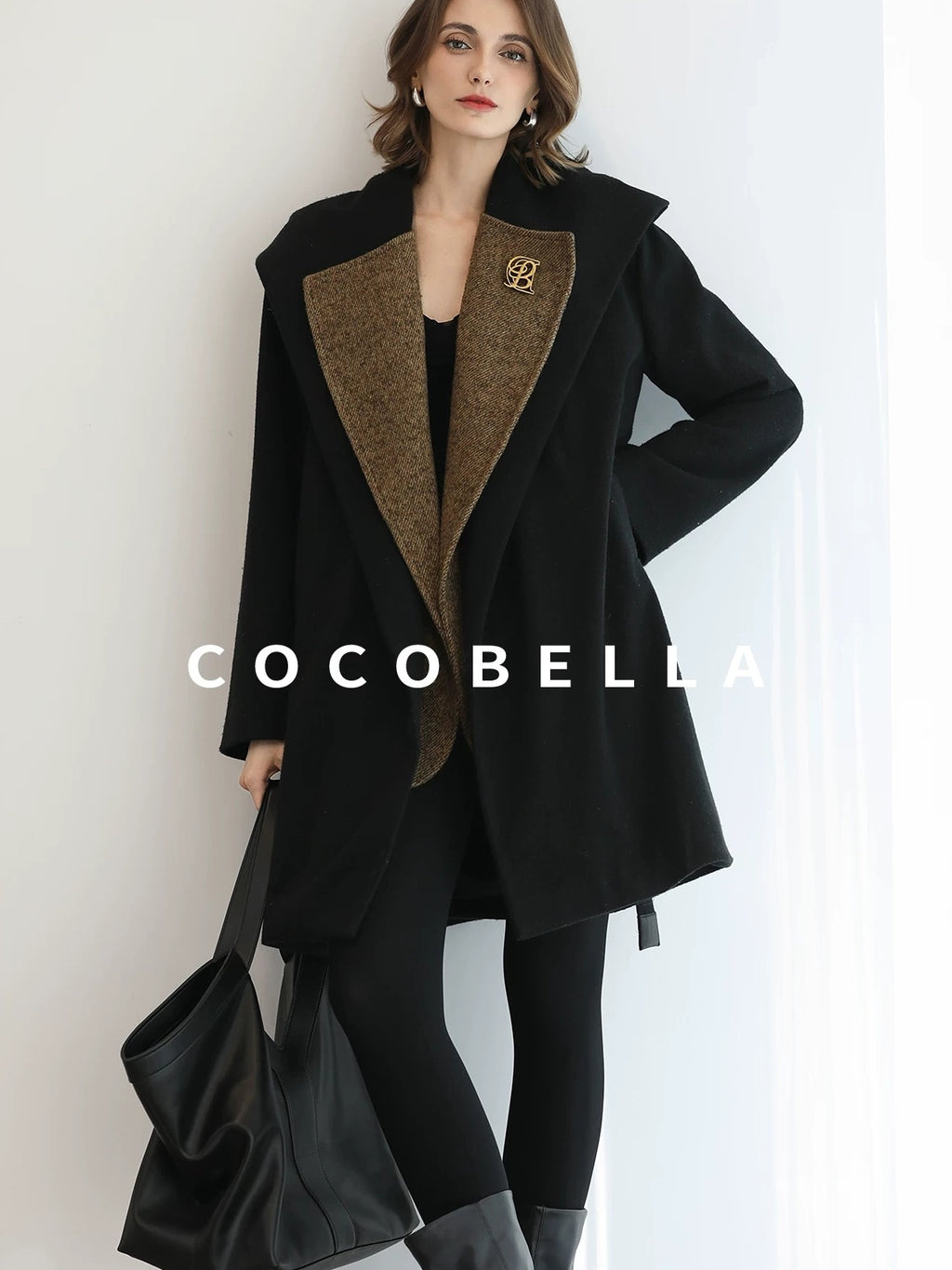 COCOBELLA Brushed Wool Blend Patchwork Straight Fit Office Hooded Coats