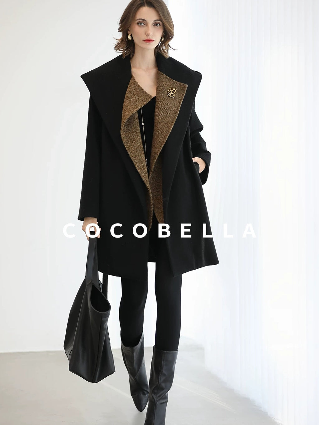 COCOBELLA Brushed Wool Blend Patchwork Straight Fit Office Hooded Coats