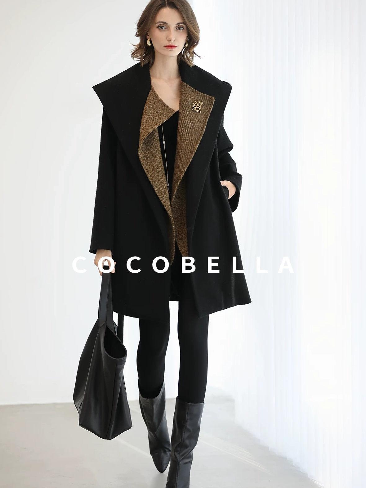 COCOBELLA Brushed Wool Blend Patchwork Straight Fit Office Hooded Coats