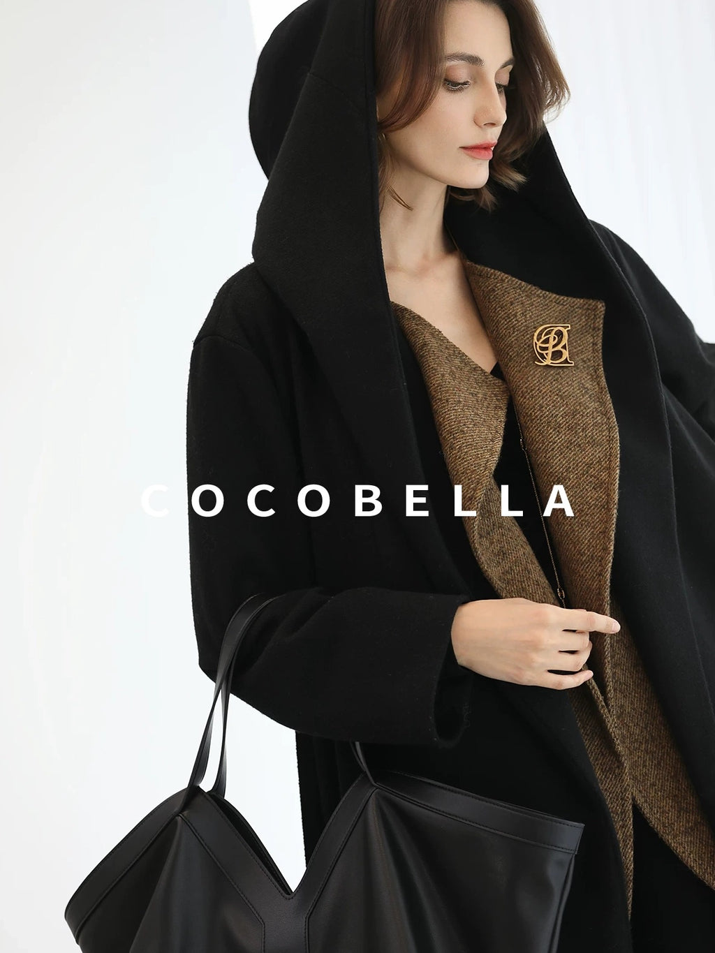 COCOBELLA Brushed Wool Blend Patchwork Straight Fit Office Hooded Coats