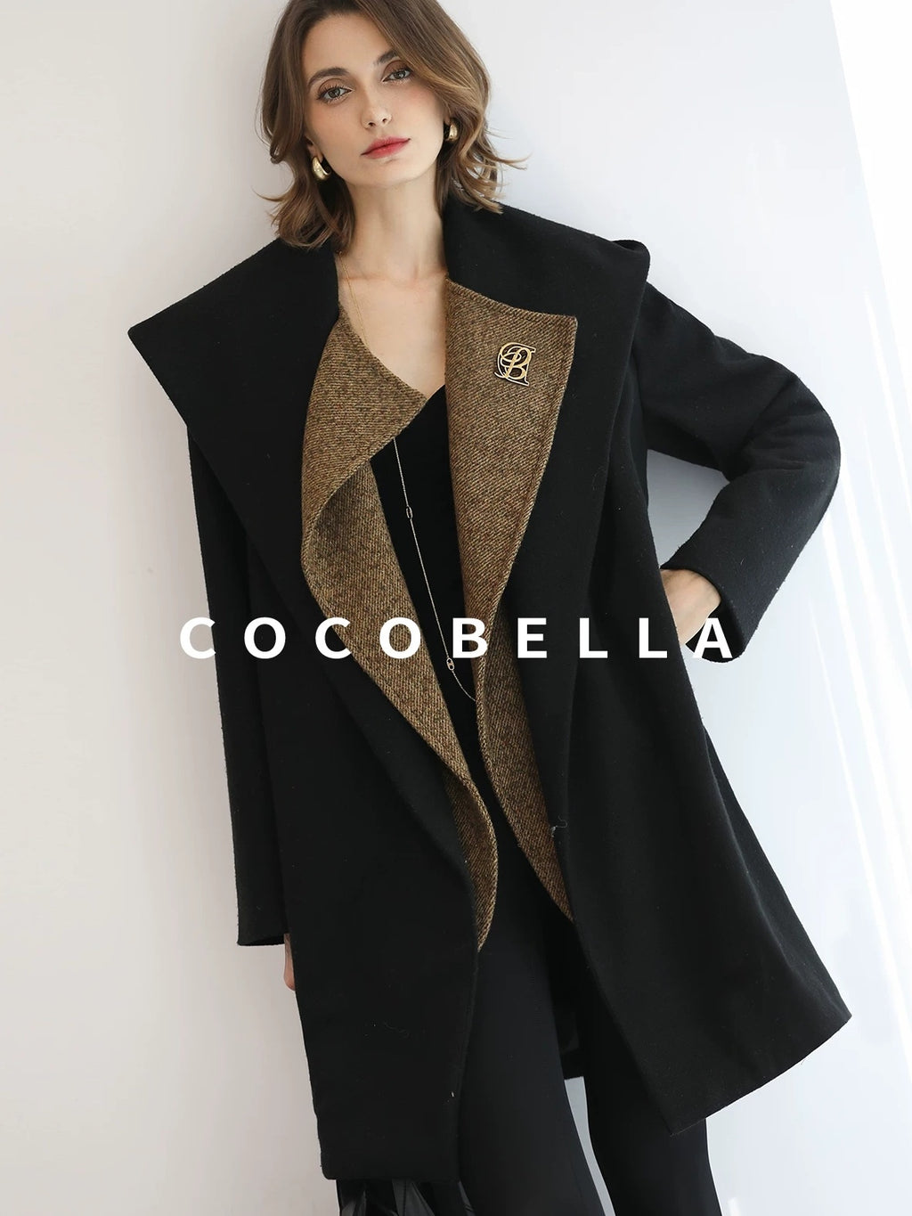 COCOBELLA Brushed Wool Blend Patchwork Straight Fit Office Hooded Coats