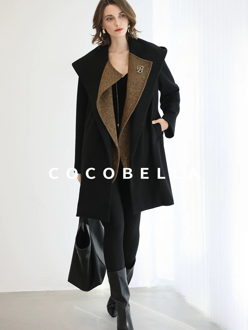 COCOBELLA Brushed Wool Blend Patchwork Straight Fit Office Hooded Coats