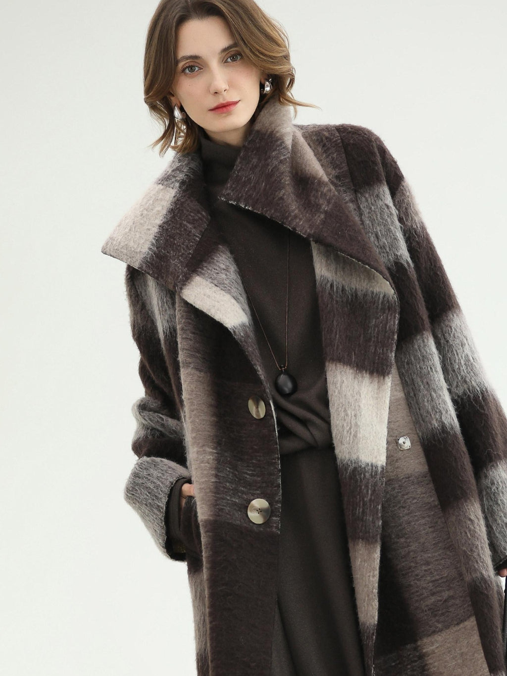 COCOBELLA Brushed Wool Blend Thick Midlength Loose Fit British Plaid Single Breasted Coats