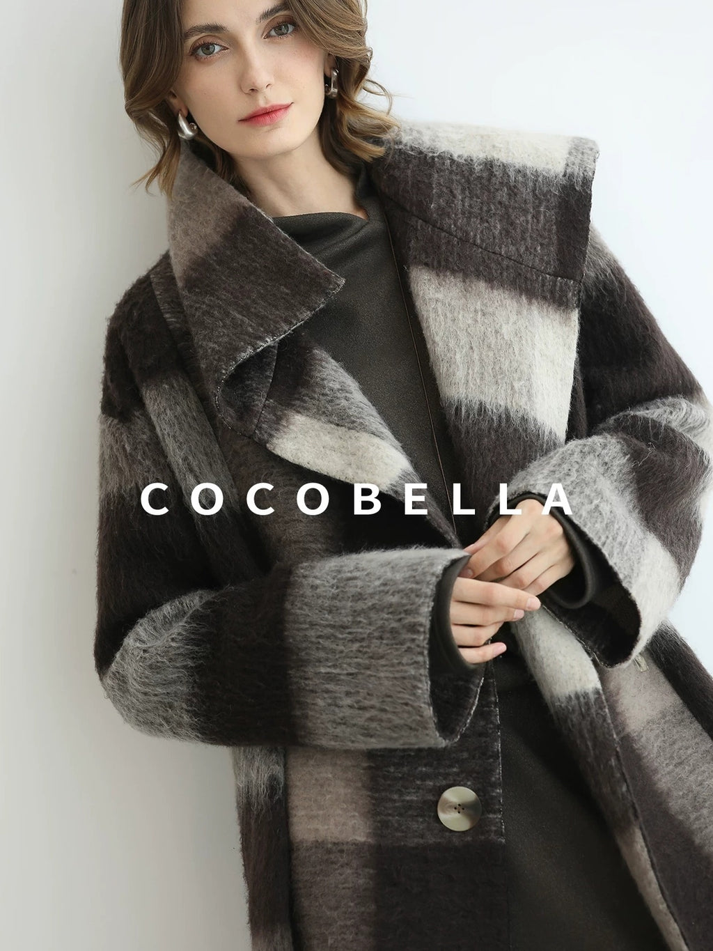 COCOBELLA Brushed Wool Blend Thick Midlength Loose Fit British Plaid Single Breasted Coats