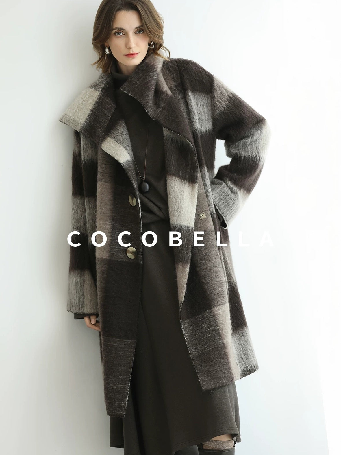 COCOBELLA Brushed Wool Blend Thick Midlength Loose Fit British Plaid Single Breasted Coats
