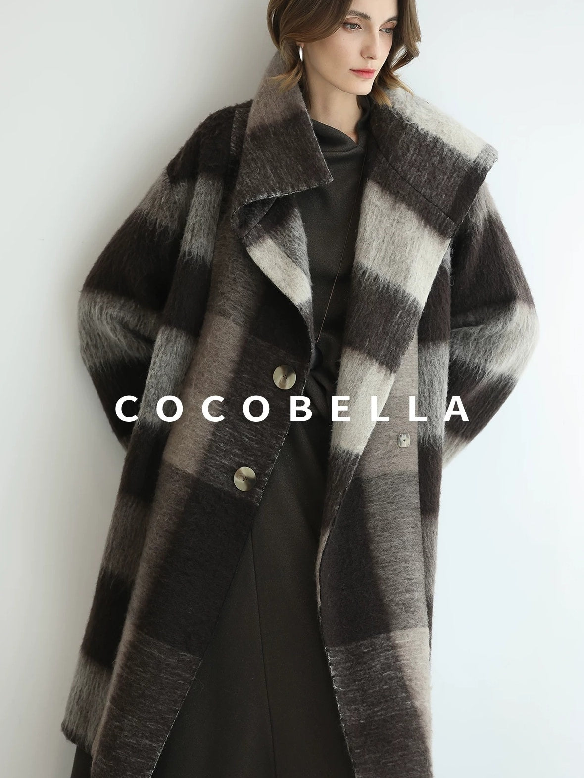 COCOBELLA Brushed Wool Blend Thick Midlength Loose Fit British Plaid Single Breasted Coats