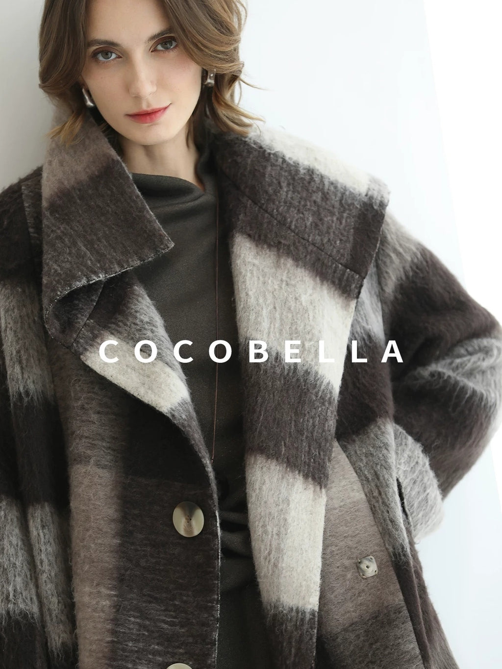 COCOBELLA Brushed Wool Blend Thick Midlength Loose Fit British Plaid Single Breasted Coats