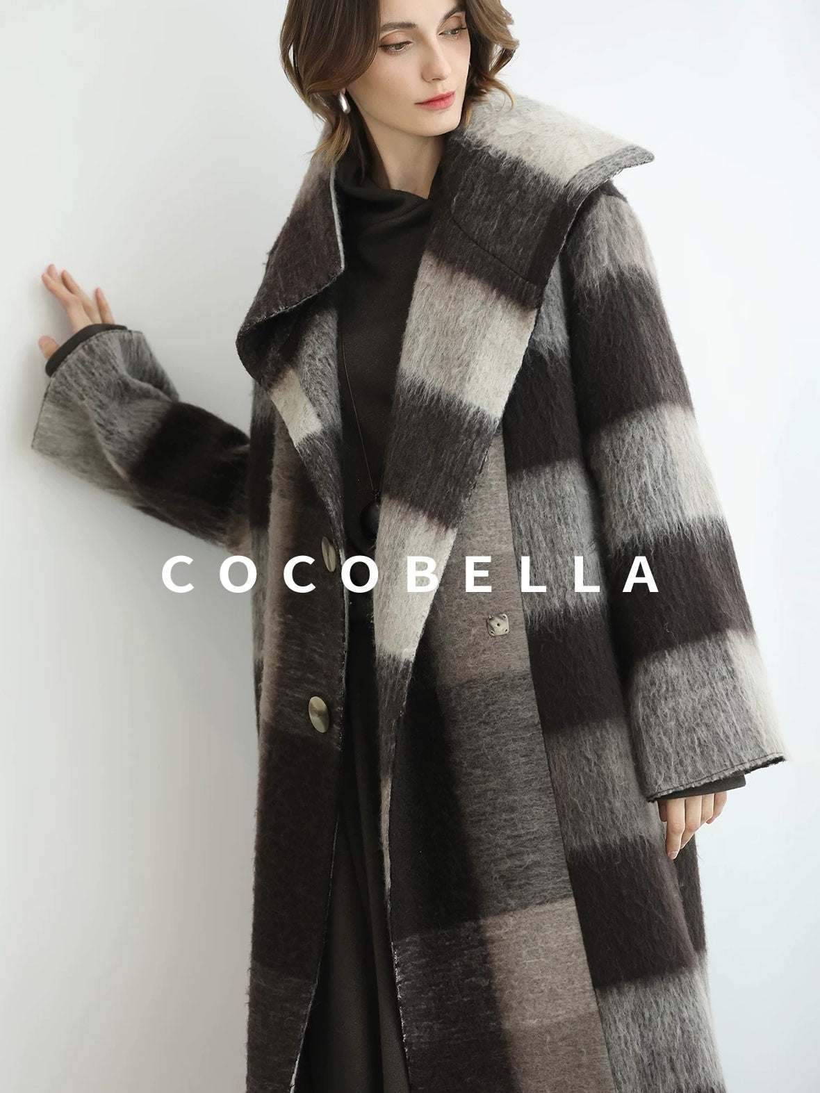 COCOBELLA Brushed Wool Blend Thick Midlength Loose Fit British Plaid Single Breasted Coats