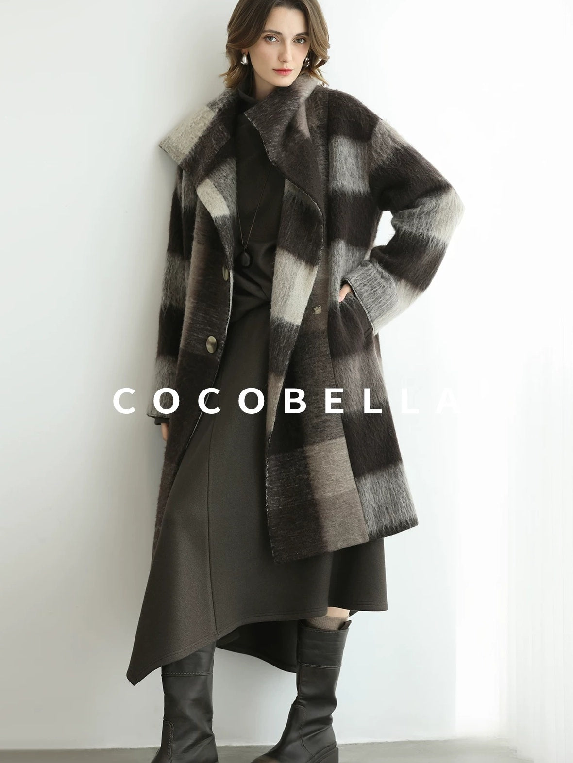 COCOBELLA Brushed Wool Blend Thick Midlength Loose Fit British Plaid Single Breasted Coats