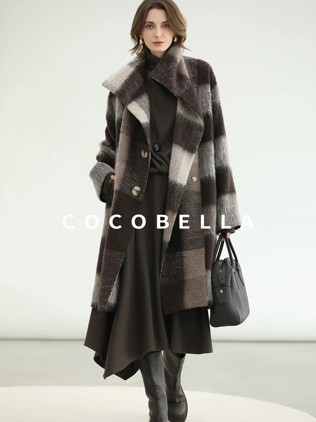 COCOBELLA Brushed Wool Blend Thick Midlength Loose Fit British Plaid Single Breasted Coats
