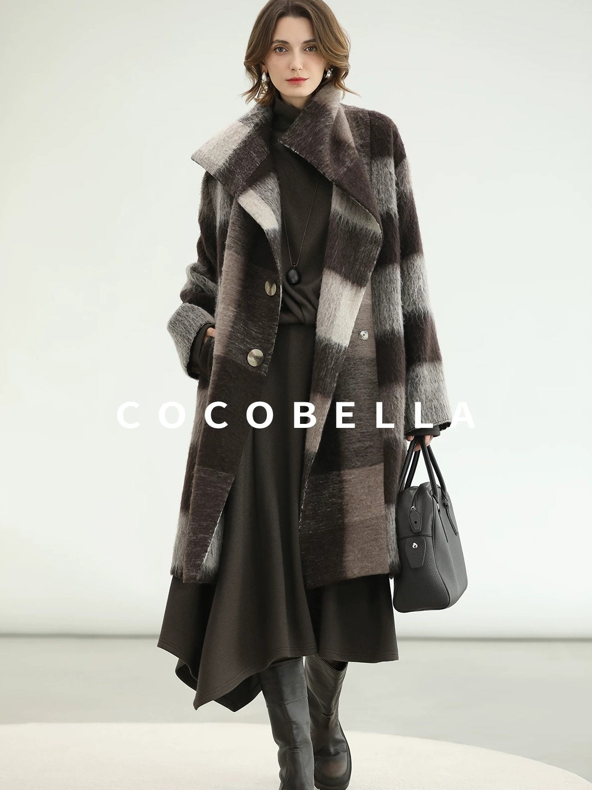 COCOBELLA Brushed Wool Blend Thick Midlength Loose Fit British Plaid Single Breasted Coats