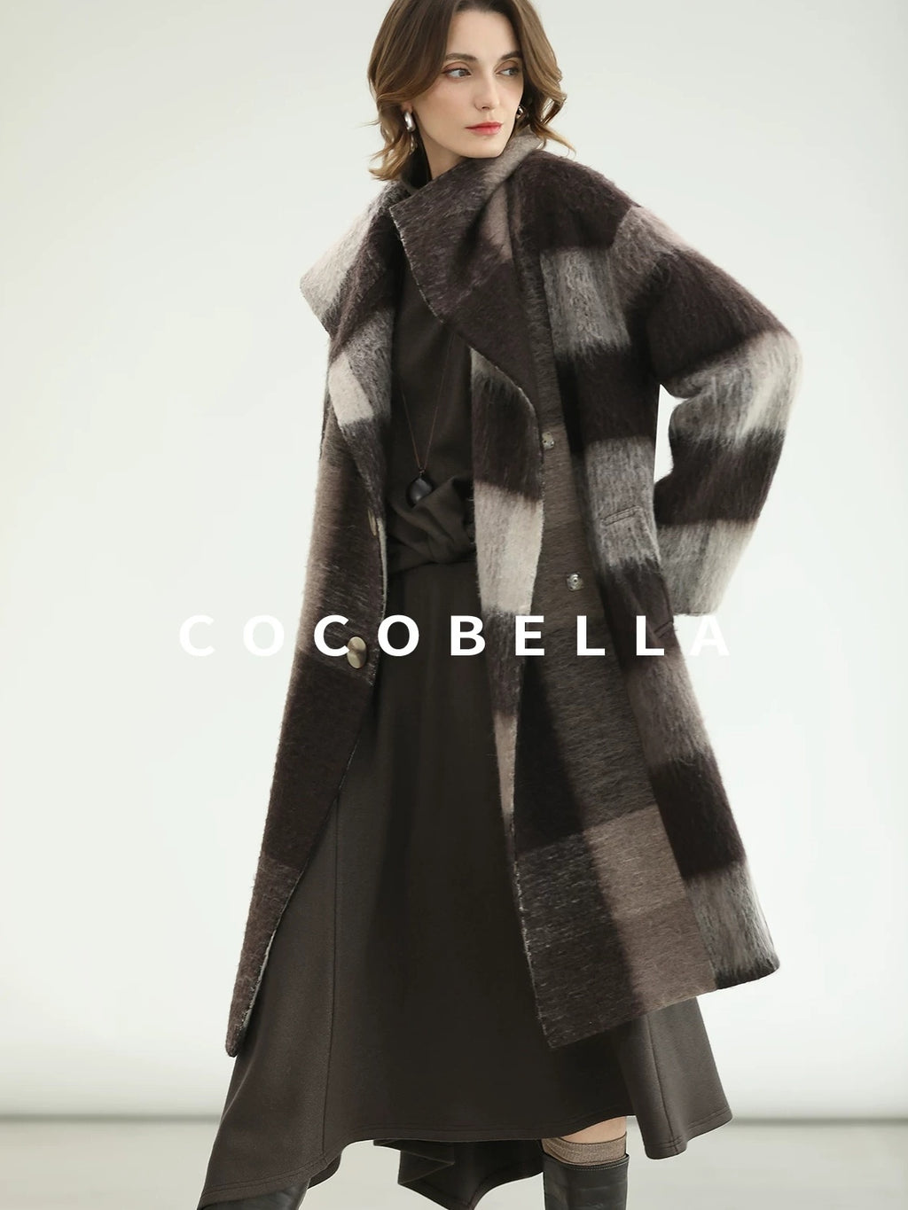COCOBELLA Brushed Wool Blend Thick Midlength Loose Fit British Plaid Single Breasted Coats