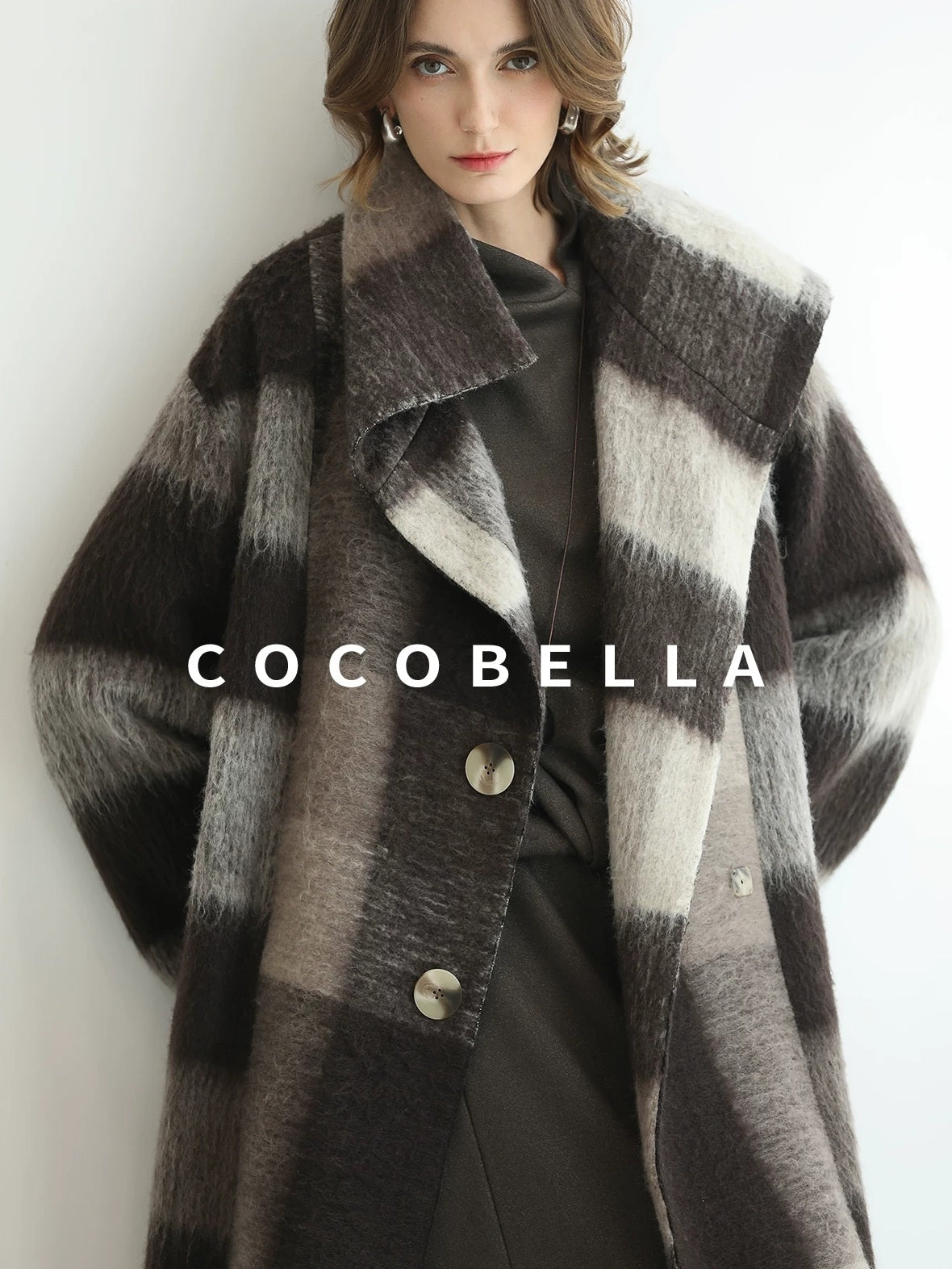 COCOBELLA Brushed Wool Blend Thick Midlength Loose Fit British Plaid Single Breasted Coats