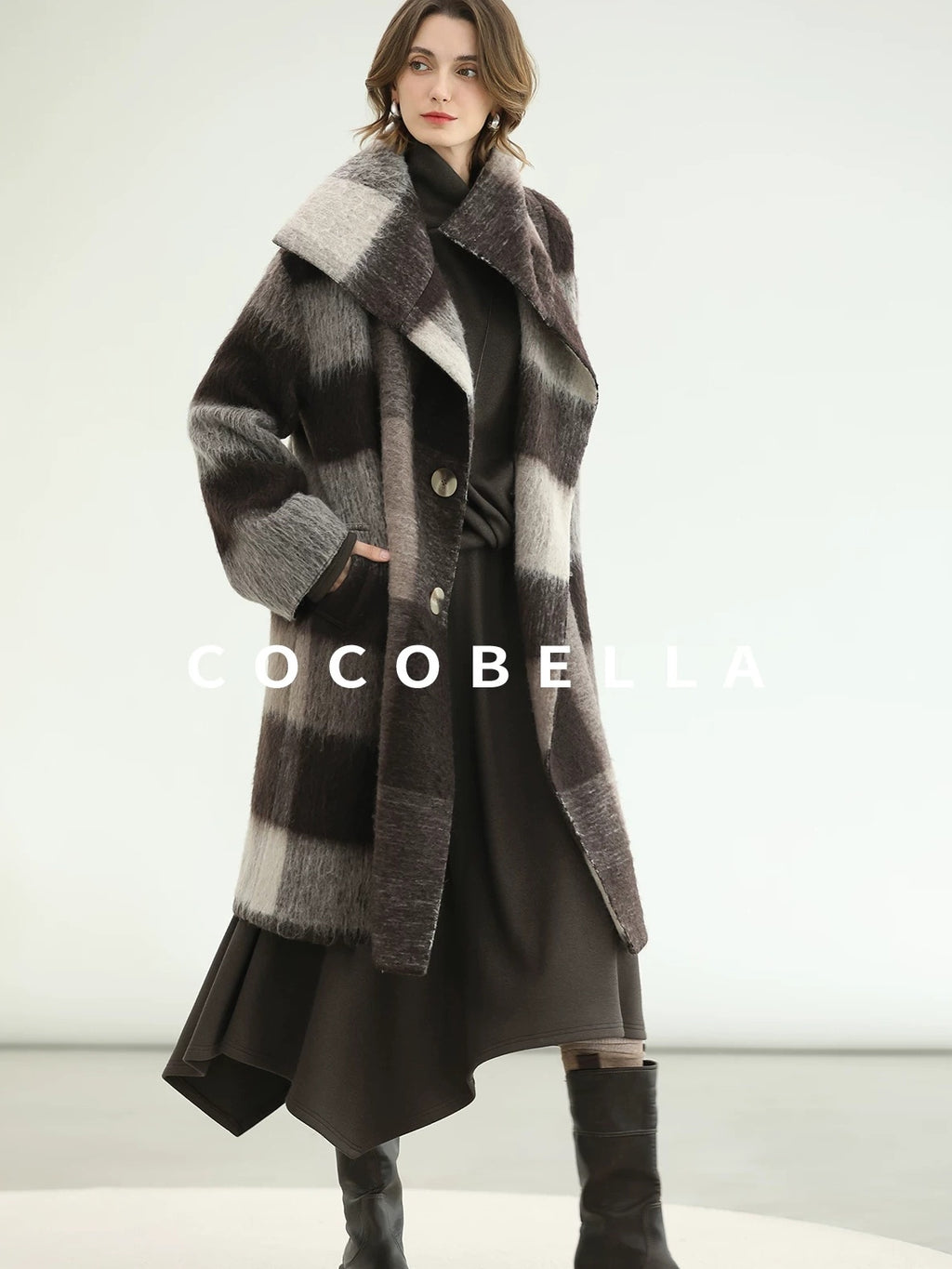 COCOBELLA Brushed Wool Blend Thick Midlength Loose Fit British Plaid Single Breasted Coats