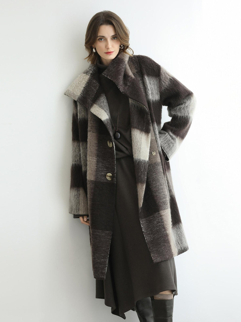 COCOBELLA Brushed Wool Blend Thick Midlength Loose Fit British Plaid Single Breasted Coats