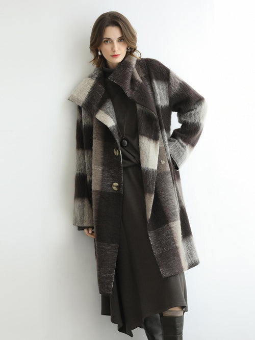 COCOBELLA Brushed Wool Blend Thick Midlength Loose Fit British Plaid Single Breasted Coats