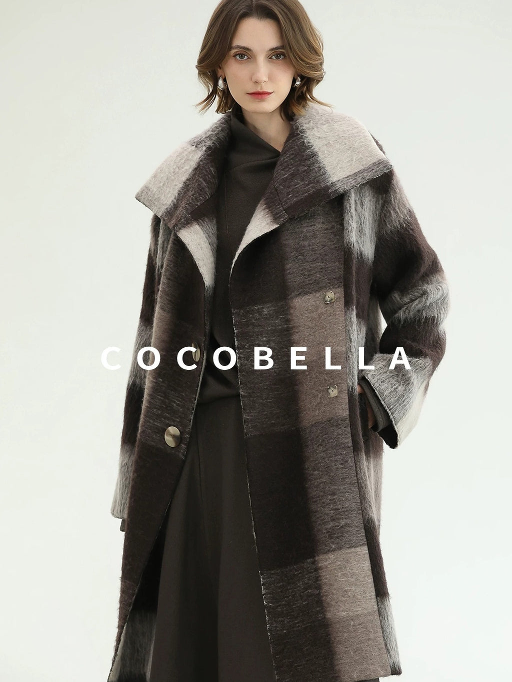 COCOBELLA Brushed Wool Blend Thick Midlength Loose Fit British Plaid Single Breasted Coats